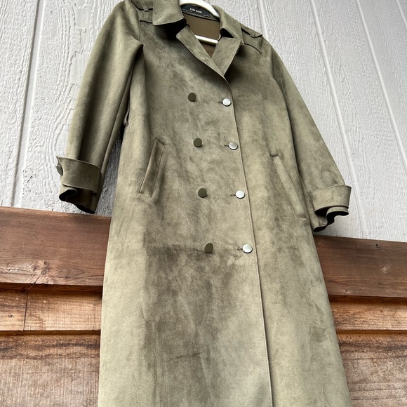 Zara Basic full length faux suede army green button up collared trench coat - Picture 6 of 15